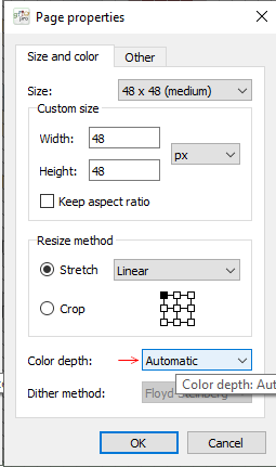 Setting color depth in Page properties dialog