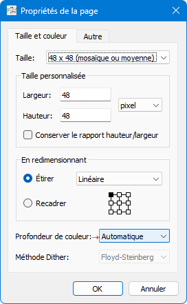 Définition de la profondeur des couleurs dans la boîte de dialogue Propriétés de la page